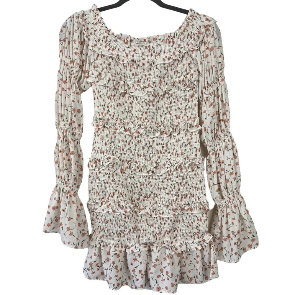 SABO SKIRT Shirred Lule Ruched Dress Sz S Floral Tiered Off The Shoulder Ruffle - Picture 2 of 14